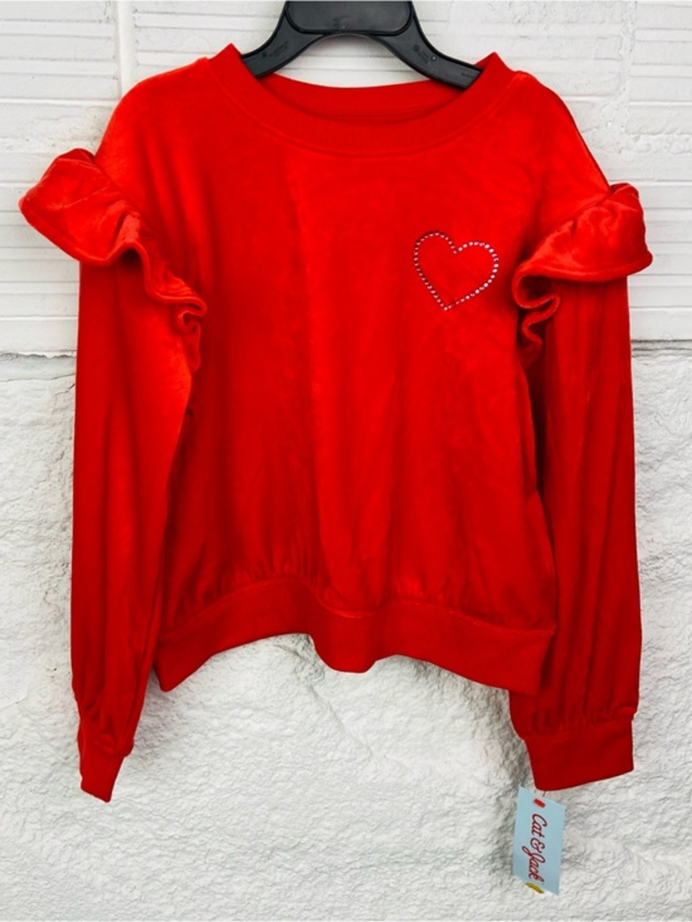NWT Cat & Jack Red crushed velvet valentine day ruffle sleeve Long Sleeve Tee